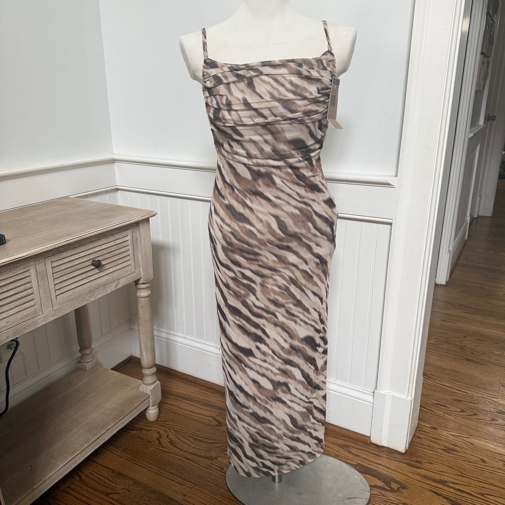 NWT‎ ZARA Tulle Maxi Dress Brown Tiger Print Spaghetti Strap Open Back Size L